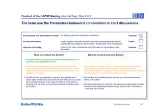 82
NPC/20365/140_Hazop.ppt
Conduct of the HAZOP Meeting - Normal Days: Step 2.4.3 4
The team use the Parameter-Guideword combination to start discussions
Activity Name and Identification number:
Activity Description:
Objective of Activity:
How to conduct the Activity What to avoid during this Activity
X
Essential
Useful
Optional
2.4.3 Apply parameter guideword combination
Leader applies Parameter-Guideword to node expressing the deviation in
practical terms perhaps by reference to an incident with which he is familiar
Ensuring the Team understands and is focussed on the deviation under
discussion
1. The leader should concentrate on asking questions based on the 1. Help the team by introducing variety into your questions
guidewords and let the team answer and giving a practical bias
2. The leader has wide scope to vary the method of questioning 2. Discourage any members who try to dominate discussion or dismiss
which can adhere closely to the parameter-guideword or can be the proceeding as naïve. When the team understands how the
more practical/ experiential provided the systematic nature of the framework of questioning leads to the recognition of hazardous conditions
questioning is retained the value of team discussions improves enormously
3. Deviations must be expressed in practical and credible terms. 3. Do not allow one disaffected team member to undermine the serious
Some ‘jokes’ tend to recur (ones like the plant being hit by a jumbo efforts of the others
jet or a meteor shower). Try to keep the interest of the team by
diverting from the trivial to the serious potential conditions faced 4. Do not allow the team to continue if the discussion is becoming trivialised
by the plant. Generally this is because the team is tired, bored or both. Give them a
break and then resume.
 