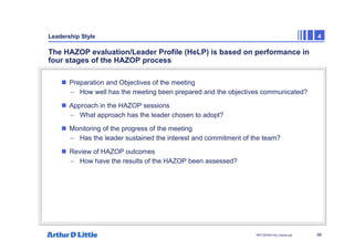 98
NPC/20365/140_Hazop.ppt
Leadership Style 4
The HAZOP evaluation/Leader Profile (HeLP) is based on performance in
four stages of the HAZOP process
„ Preparation and Objectives of the meeting
– How well has the meeting been prepared and the objectives communicated?
„ Approach in the HAZOP sessions
– What approach has the leader chosen to adopt?
„ Monitoring of the progress of the meeting
– Has the leader sustained the interest and commitment of the team?
„ Review of HAZOP outcomes
– How have the results of the HAZOP been assessed?
 