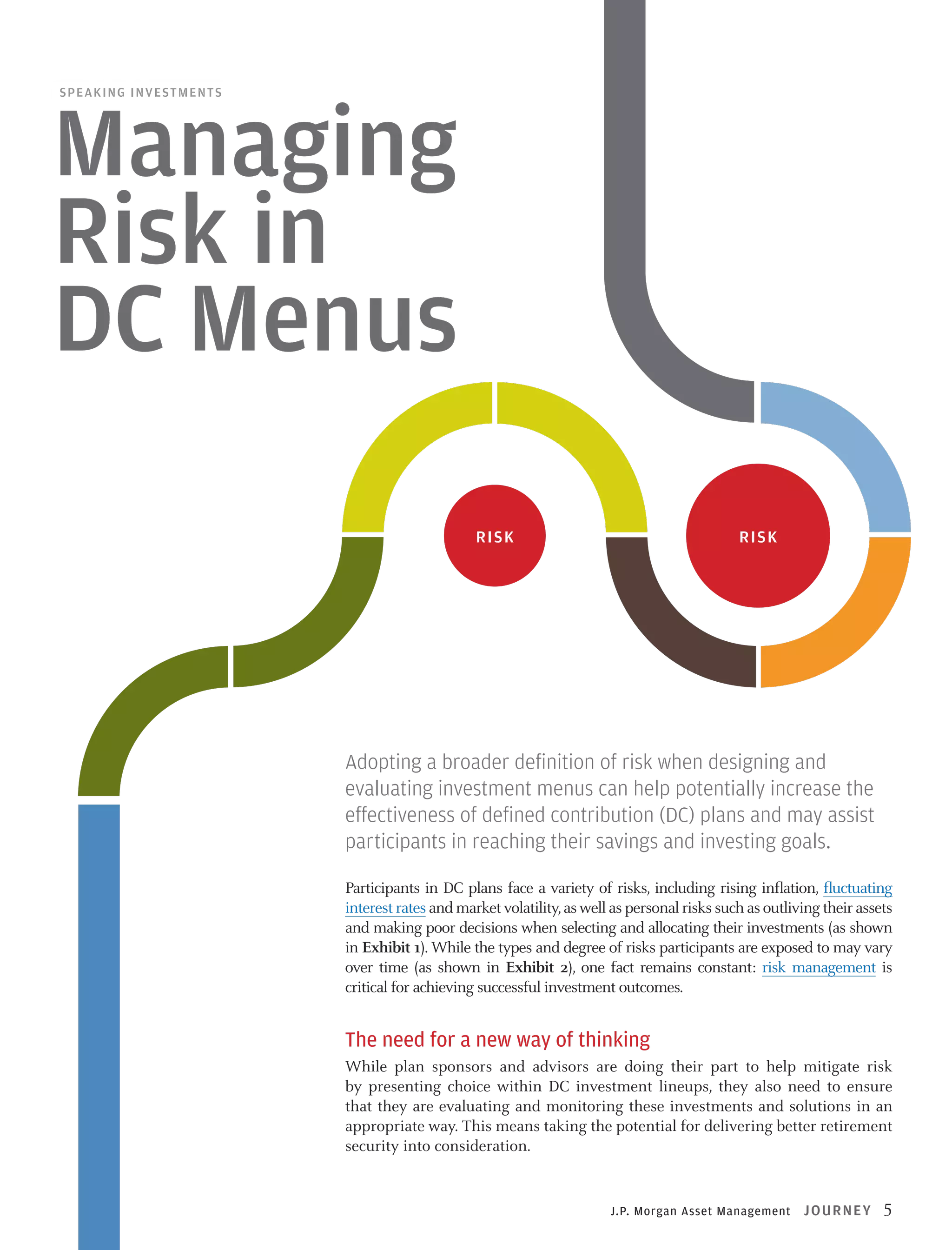 Managing
Risk in
DC Menus
Speaking Investments

Risk

Risk

Adopting a broader definition of risk when designing and
evaluating investment menus can help potentially increase the
effectiveness of defined contribution (DC) plans and may assist
participants in reaching their savings and investing goals.
Participants in DC plans face a variety of risks, including rising inflation, fluctuating
interest rates and market volatility, as well as personal risks such as outliving their assets
and making poor decisions when selecting and allocating their investments (as shown
in Exhibit 1). While the types and degree of risks participants are exposed to may vary
over time (as shown in Exhibit 2), one fact remains constant: risk management is
critical for achieving successful investment outcomes.

The need for a new way of thinking
While plan sponsors and advisors are doing their part to help mitigate risk
by presenting choice within DC investment lineups, they also need to ensure
that they are evaluating and monitoring these investments and solutions in an
appropriate way. This means taking the potential for delivering better retirement
security into consideration.

J.P. Morgan Asset Management

J O U R NEY

5

 