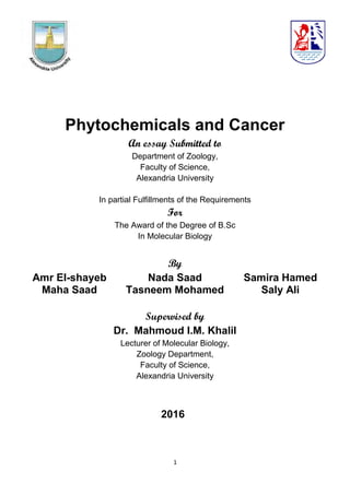 1
Phytochemicals and Cancer
An essay Submitted to
Department of Zoology,
Faculty of Science,
Alexandria University
In partial Fulfillments of the Requirements
For
The Award of the Degree of B.Sc
In Molecular Biology
By
Amr El-shayeb Nada Saad Samira Hamed
Maha Saad Tasneem Mohamed Saly Ali
Supervised by
Dr. Mahmoud I.M. Khalil
Lecturer of Molecular Biology,
Zoology Department,
Faculty of Science,
Alexandria University
2016
 