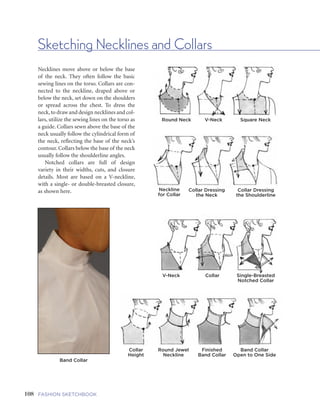 108 FASHION SKETCHBOOK 109FIVE | GARMENTS AND GARMENT DETAILS
Sketching Necklines and Collars
Necklines move above or below the base
of the neck. They often follow the basic
sewing lines on the torso. Collars are con-
nected to the neckline, draped above or
below the neck, set down on the shoulders
or spread across the chest. To dress the
neck,to draw and design necklines and col-
lars, utilize the sewing lines on the torso as
a guide. Collars sewn above the base of the
neck usually follow the cylindrical form of
the neck, reflecting the base of the neck’s
contour. Collars below the base of the neck
usually follow the shoulderline angles.
Notched collars are full of design
variety in their widths, cuts, and closure
details. Most are based on a V-neckline,
with a single- or double-breasted closure,
as shown here.
Round Neck V-Neck Square Neck
Neckline
for Collar
Collar Dressing
the Neck
Collar Dressing
the Shoulderline
V-Neck Collar Single-Breasted
Notched Collar
Collar
Height
Round Jewel
Neckline
Finished
Band Collar
Band Collar
Open to One Side
Band Collar
This is the inside
structure or base for
the spread or shirt
collar.
Spread or
Shirt Collar
This collar has
“wings” sewn on
the band that help
the collar stand
up, away from the
neck, to rest on the
shoulderline.
Spread or Shirt Collar
Notched Collar
Convertible Collar
Convertible Collar
Here part of the bodice, when open, appears to be part of
the collar, folding over, until the bodice is closed.
Convertible
Collar
Closed
Notched Collar
The notch is the cutaway
section of a single or
two-part collar. The
cutaway usually creates
some form of a “V.”
Lapels
This is the name given to the
bottom portion of this type of
collar when it is on a suit jacket
or coat.
Notched
“V”
Band Collar
 