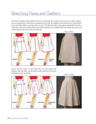117FIVE | GARMENTS AND GARMENT DETAILS116 FASHION SKETCHBOOK
Sketching Flares and Gathers
The flared or gathered skirt folds and moves on the body in a random, free-form way in direct opposi-
tion to a pleated skirt, which has an organized, exact style. To emphasize the movement of a flared skirt,
draw each fold a different size from the next one. The folds of a skirt on the figure should follow the flow
of the pose. Notice the widest fold comes off the high hip. The smallest fold comes from the center, and
a third midsize fold rests on the low hip side.
Notice that the fabric on the flared skirt lies flat against the
hipline, while the fabric on the gathered skirt puffs up away from
the hipline at the waistband.
Flared Skirt
Gathered Skirt
A flounce has a straight
seam, with a few folds.
A ruffle has a gathered
seam, with lots of folds.
Shape Folds Hemline Flared
Skirt
Shape Folds Hemline Gathered
Skirt
Few Drape
Lines
Many Drape
Lines
No Gathers:
Flounce
With
Gathers:
Ruffle
Notice that the rows on the tiered skirt are connected, while the rows on the layered skirts are separated.
Shape Folds Hemline Finish
Gathers
Seams
Layers
Flared Skirt
Gathered Skirt
Tiered Skirt
Layered Skirt
 