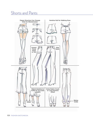 127FIVE | GARMENTS AND GARMENT DETAILSFASHION SKETCHBOOK
Shorts and Pants
126
Zipper Direction Can Change
Only for Womenswear
Hemline Roll for Walking Pose
Watch Hemline to
Ankle for Accurate
Lengths
Inseam
Focal
Point
or Not
Side
Seam
Extra Fabric Crush
or Long Hemline
Detail
Below
AnkleAnkle
Ralph
Lauren
Dolce &
Gabbana
Ralph
Lauren
J. Crew
J. Crew
 