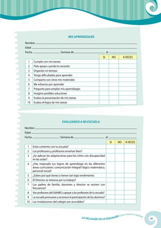 59La Inclusión en la Educación Cómo hacerla realidad
SI NO A VECES
1 Cumplo con mis tareas
2 Pido apoyo cuando lo necesito
3 Organizo mi tiempo
4 Tengo dificultades para aprender
5 Comparto con otros mis materiales
6 Me esfuerzo por aprender
7 Pregunto para ampliar mis aprendizajes
8 Imagino posibles soluciones
9 Evalúo la presentación de mis tareas
10 Evalúo el logro de mis tareas
SI NO A VECES
1 Estás contento con tu escuela?
2 Los profesores y profesoras enseñan bien?
3 ¿Se aplican las adaptaciones para los niños con discapacidad
en las aulas?
4 ¿Has mejorado tus logros de aprendizaje en las diferentes
áreas curriculares: comunicación integral? lógico matemática,
personal-social?
5 ¿Sabes por qué tienes o tienen tan bajo rendimiento
6 El Director se interesa por tu trabajo?
7 Los padres de familia, docentes y director se reúnen con
frecuencia?
8 Van profesores del SAANEE a apoyar a los profesores de tu escuela?
9 La escuela promueve y reconoce la participación de los alumnos?
10 Las instalaciones del colegio son accesibles?
MIS APRENDIZAJES
Nombre ..............................................................................................................................................................................
Edad ....................................................................................................................................................................................
Fecha ............................................... Semana de .................................................... al .................................................
evaluando a mi escuela
Nombre ..............................................................................................................................................................................
Edad ....................................................................................................................................................................................
Fecha ............................................... Semana de .................................................... al .................................................
 