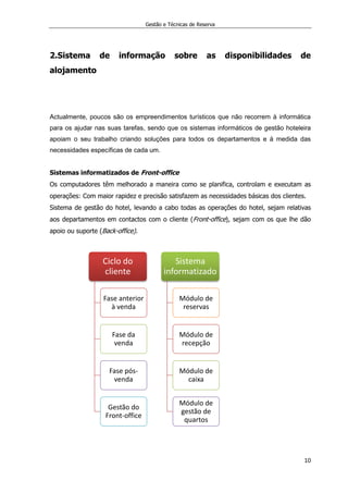 Gestão e Técnicas de Reserva
10
2.Sistema de informação sobre as disponibilidades de
alojamento
Actualmente, poucos são os empreendimentos turísticos que não recorrem à informática
para os ajudar nas suas tarefas, sendo que os sistemas informáticos de gestão hoteleira
apoiam o seu trabalho criando soluções para todos os departamentos e à medida das
necessidades específicas de cada um.
Sistemas informatizados de Front-office
Os computadores têm melhorado a maneira como se planifica, controlam e executam as
operações: Com maior rapidez e precisão satisfazem as necessidades básicas dos clientes.
Sistema de gestão do hotel, levando a cabo todas as operações do hotel, sejam relativas
aos departamentos em contactos com o cliente (Front-office), sejam com os que lhe dão
apoio ou suporte (Back-office).
Ciclo do
cliente
Fase anterior
à venda
Fase da
venda
Fase pós-
venda
Gestão do
Front-office
Sistema
informatizado
Módulo de
reservas
Módulo de
recepção
Módulo de
caixa
Módulo de
gestão de
quartos
 