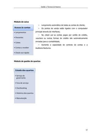 Gestão e Técnicas de Reserva
12
Módulo de caixa
• Lançamento automático de todas as contas do cliente;
• Os pontos de venda estão ligados com o computador
principal através de interfaces;
• No check out as contas pagas por cartão de crédito,
vouchers ou outras formas de crédito são automaticamente
enviadas para a contabilidade;
• Aumenta a capacidade de controlo de contas e a
Auditoria Nocturna.
Módulo de gestão de quartos
Acesso às contas
• Lançamentos
• Passantes
• Caixas
• Contas a receber
• Check-out rápido
Estado dos quartos
• Serviço de
governanta
• Fora de serviço
• Overbooking
• Histórico dos quartos
• Manutenção
 