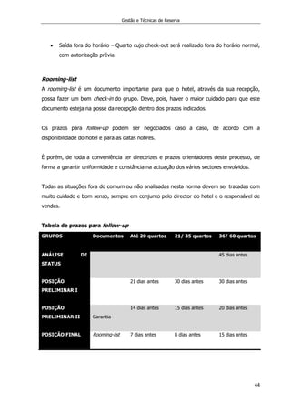 Gestão e Técnicas de Reserva
44
 Saída fora do horário – Quarto cujo check-out será realizado fora do horário normal,
com autorização prévia.
Rooming-list
A rooming-list é um documento importante para que o hotel, através da sua recepção,
possa fazer um bom check-in do grupo. Deve, pois, haver o maior cuidado para que este
documento esteja na posse da recepção dentro dos prazos indicados.
Os prazos para follow-up podem ser negociados caso a caso, de acordo com a
disponibilidade do hotel e para as datas nobres.
È porém, de toda a conveniência ter directrizes e prazos orientadores deste processo, de
forma a garantir uniformidade e constância na actuação dos vários sectores envolvidos.
Todas as situações fora do comum ou não analisadas nesta norma devem ser tratadas com
muito cuidado e bom senso, sempre em conjunto pelo director do hotel e o responsável de
vendas.
Tabela de prazos para follow-up
GRUPOS Documentos Até 20 quartos 21/ 35 quartos 36/ 60 quartos
ANÁLISE DE
STATUS
45 dias antes
POSIÇÃO
PRELIMINAR I
21 dias antes 30 dias antes 30 dias antes
POSIÇÃO
PRELIMINAR II Garantia
14 dias antes 15 dias antes 20 dias antes
POSIÇÃO FINAL Rooming-list 7 dias antes 8 dias antes 15 dias antes
 