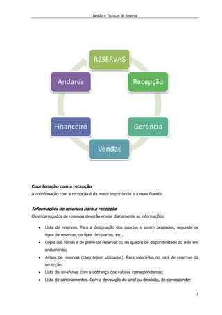 Gestão e Técnicas de Reserva
7
Coordenação com a recepção
A coordenação com a recepção é da maior importância e a mais fluente.
Informações de reservas para a recepção
Os encarregados de reservas deverão enviar diariamente as informações:
 Lista de reservas. Para a designação dos quartos s serem ocupados, segundo os
tipos de reservas, os tipos de quartos, etc.;
 Cópia das folhas e do plano de reservas ou do quadro de disponibilidade do mês em
andamento;
 Avisos de reservas (caso sejam utilizados). Para colocá-los no rack de reservas da
recepção;
 Lista de no-shows, com a cobrança dos valores correspondentes;
 Lista de cancelamentos. Com a devolução do sinal ou depósito, de corresponder;
RESERVAS
Recepção
Gerência
Vendas
Financeiro
Andares
 