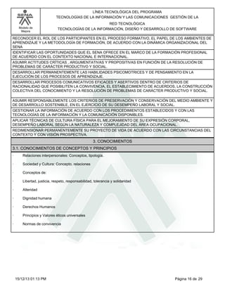 LÍNEA TECNOLÓGICA DEL PROGRAMA
TECNOLOGÍAS DE LA INFORMACIÓN Y LAS COMUNICACIONES GESTIÓN DE LA
Modelo de
Mejora

RED TECNOLÓGICA
TECNOLOGÍAS DE LA INFORMACIÓN, DISEÑO Y DESARROLLO DE SOFTWARE

RECONOCER EL ROL DE LOS PARTICIPANTES EN EL PROCESO FORMATIVO, EL PAPEL DE LOS AMBIENTES DE
APRENDIZAJE Y LA METODOLOGÍA DE FORMACIÓN, DE ACUERDO CON LA DINÁMICA ORGANIZACIONAL DEL
SENA
IDENTIFICAR LAS OPORTUNIDADES QUE EL SENA OFRECE EN EL MARCO DE LA FORMACIÓN PROFESIONAL
DE ACUERDO CON EL CONTEXTO NACIONAL E INTERNACIONAL.
ASUMIR ACTITUDES CRÍTICAS , ARGUMENTATIVAS Y PROPOSITIVAS EN FUNCIÓN DE LA RESOLUCIÓN DE
PROBLEMAS DE CARÁCTER PRODUCTIVO Y SOCIAL.
DESARROLLAR PERMANENTEMENTE LAS HABILIDADES PSICOMOTRICES Y DE PENSAMIENTO EN LA
EJECUCIÓN DE LOS PROCESOS DE APRENDIZAJE.
DESARROLLAR PROCESOS COMUNICATIVOS EFICACES Y ASERTIVOS DENTRO DE CRITERIOS DE
RACIONALIDAD QUE POSIBILITEN LA CONVIVENCIA, EL ESTABLECIMIENTO DE ACUERDOS, LA CONSTRUCCIÓN
COLECTIVA DEL CONOCIMIENTO Y LA RESOLUCIÓN DE PROBLEMAS DE CARÁCTER PRODUCTIVO Y SOCIAL.
ASUMIR RESPONSABLEMENTE LOS CRITERIOS DE PRESERVACIÓN Y CONSERVACIÓN DEL MEDIO AMBIENTE Y
DE DESARROLLO SOSTENIBLE, EN EL EJERCICIO DE SU DESEMPEÑO LABORAL Y SOCIAL.
GESTIONAR LA INFORMACIÓN DE ACUERDO CON LOS PROCEDIMIENTOS ESTABLECIDOS Y CON LAS
TECNOLOGÍAS DE LA INFORMACIÓN Y LA COMUNICACIÓN DISPONIBLES.
APLICAR TÉCNICAS DE CULTURA FÍSICA PARA EL MEJORAMIENTO DE SU EXPRESIÓN CORPORAL,
DESEMPEÑO LABORAL SEGÚN LA NATURALEZA Y COMPLEJIDAD DEL ÁREA OCUPACIONAL.
REDIMENSIONAR PERMANENTEMENTE SU PROYECTO DE VIDA DE ACUERDO CON LAS CIRCUNSTANCIAS DEL
CONTEXTO Y CON VISIÓN PROSPECTIVA.

3. CONOCIMIENTOS
3.1. CONOCIMIENTOS DE CONCEPTOS Y PRINCIPIOS
·

Relaciones interpersonales: Conceptos, tipología.

·

Sociedad y Cultura: Concepto, relaciones

·

Conceptos de:

·

Libertad, justicia, respeto, responsabilidad, tolerancia y solidaridad

·

Alteridad

·

Dignidad humana

·

Derechos Humanos

·

Principios y Valores éticos universales

·

Normas de convivencia

15/12/13 01:13 PM

Página 16 de 29

 