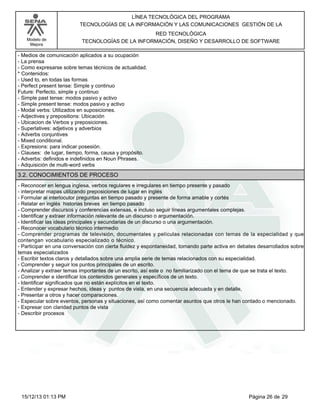 LÍNEA TECNOLÓGICA DEL PROGRAMA
TECNOLOGÍAS DE LA INFORMACIÓN Y LAS COMUNICACIONES GESTIÓN DE LA
Modelo de
Mejora

RED TECNOLÓGICA
TECNOLOGÍAS DE LA INFORMACIÓN, DISEÑO Y DESARROLLO DE SOFTWARE

-Medios de comunicación aplicados a su ocupación
-La prensa
-Como expresarse sobre temas técnicos de actualidad.
*Contenidos:
-Used to, en todas las formas
-Perfect present tense: Simple y continuo
Future: Perfecto, simple y continuo
-Simple past tense: modos pasivo y activo
-Simple present tense: modos pasivo y activo
-Modal verbs: Utilizados en suposiciones.
-Adjectives y prepositions: Ubicación
-Ubicacion de Verbos y preposiciones.
-Superlatives: adjetivos y adverbios
-Adverbs conjuntives
-Mixed conditional.
-Expresions: para indicar posesión.
-Clauses: de lugar, tiempo, forma, causa y propósito.
-Adverbs: definidos e indefinidos en Noun Phrases.
-Adquisición de multi-word verbs

3.2. CONOCIMIENTOS DE PROCESO
-Reconocer en lengua inglesa, verbos regulares e irregulares en tiempo presente y pasado
-interpretar mapas utilizando preposiciones de lugar en inglés
-Formular al interlocutor preguntas en tiempo pasado y presente de forma amable y cortés
-Relatar en inglés historias breves en tiempo pasado
-Comprender discursos y conferencias extensas, e incluso seguir líneas argumentales complejas.
-Identificar y extraer información relevante de un discurso o argumentación.
-Identificar las ideas principales y secundarias de un discurso o una argumentación.
-Reconocer vocabulario técnico intermedio
-Comprender programas de televisión, documentales y películas relacionadas con temas de la especialidad y que
contengan vocabulario especializado o técnico.
-Participar en una conversación con cierta fluidez y espontaneidad, tomando parte activa en debates desarrollados sobre
temas especializados
-Escribir textos claros y detallados sobre una amplia serie de temas relacionados con su especialidad.
-Comprender y seguir los puntos principales de un escrito.
-Analizar y extraer temas importantes de un escrito, así este o no familiarizado con el tema de que se trata el texto.
-Comprender e identificar los contenidos generales y específicos de un texto.
-Identificar significados que no están explícitos en el texto.
-Entender y expresar hechos, ideas y puntos de vista, en una secuencia adecuada y en detalle,
-Presentar a otros y hacer comparaciones.
-Especular sobre eventos, personas y situaciones, así como comentar asuntos que otros le han contado o mencionado.
-Expresar con claridad puntos de vista
-Describir procesos

15/12/13 01:13 PM

Página 26 de 29

 