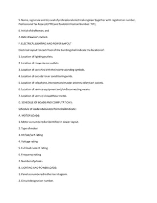 5. Name,signature anddry seal of professionalelectrical engineertogetherwith registrationnumber,
ProfessionalTax Receipt(PTR) andTax IdentificationNumber (TIN);
6. Initial of draftsman;and
7. Date drawnor revised.
F. ELECTRICAL LIGHTING ANDPOWER LAYOUT
Electrical layoutforeachfloorof the buildingshall indicatethe locationof:
1. Location of lightingoutlets.
2. Location of convenience outlets.
3. Location of switcheswiththeircorrespondingsymbols.
4. Location of outletsforair conditioningunits.
5. Location of telephone,intercomandmasterantennatelevisionoutlets.
6. Location of service equipmentand/ordisconnectingmeans.
7. Location of service kilowatthourmeter.
G. SCHEDULE OF LOADSAND COMPUTATIONS:
Schedule of loadsintabulatedform shall indicate:
A. MOTOR LOADS:
1. Motor as numberedoridentifiedinpowerlayout.
2. Type of motor
3. HP/kW/kVA rating
4. Voltage rating
5. Full loadcurrent rating
6. Frequencyrating
7. Numberof phases
B. LIGHTING ANDPOWER LOADS:
1. Panel as numbered inthe riserdiagram.
2. Circuitdesignationnumber.
 