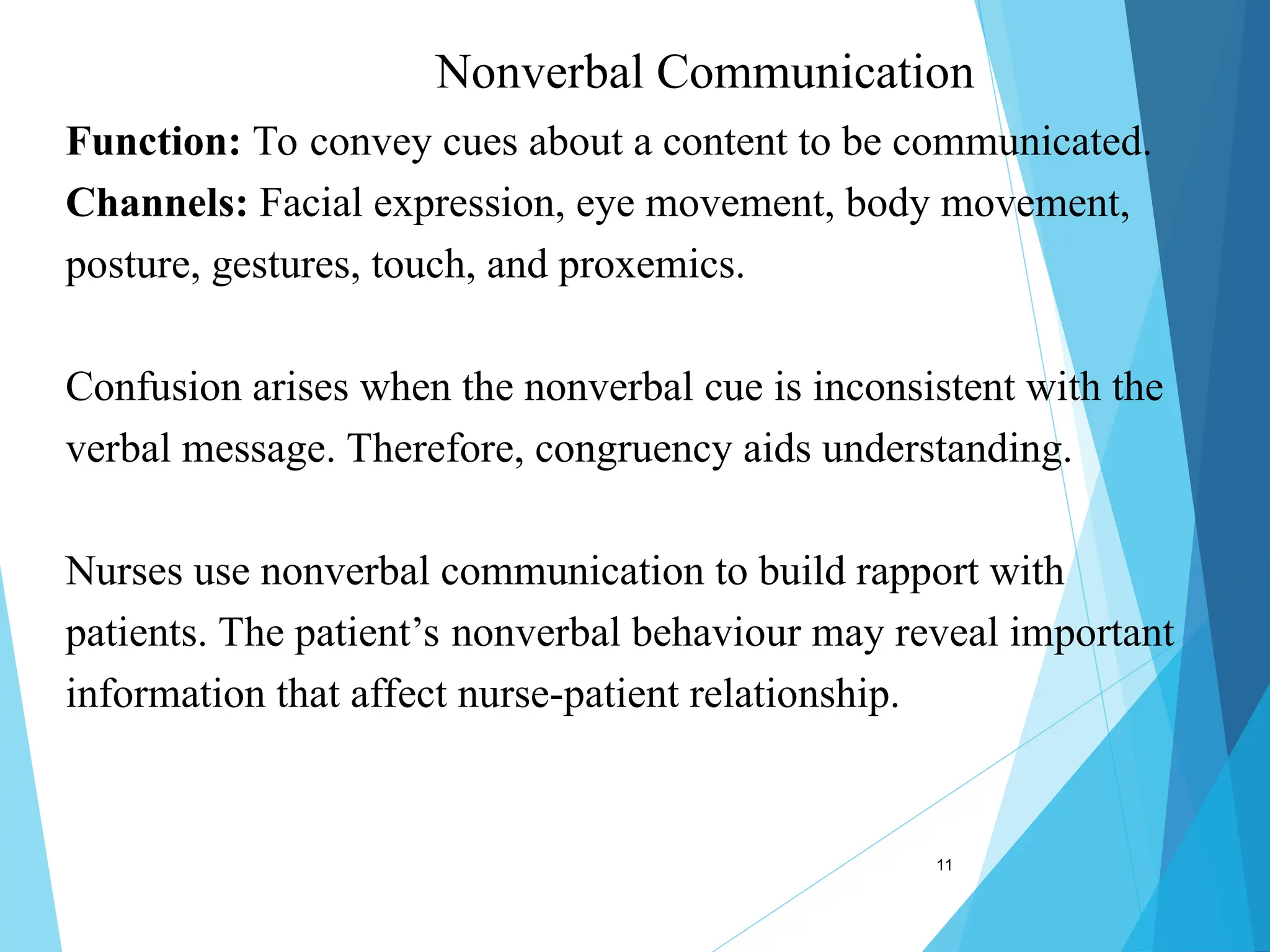 11
Function: To convey cues about a content to be communicated.
Channels: Facial expression, eye movement, body movement,
posture, gestures, touch, and proxemics.
Confusion arises when the nonverbal cue is inconsistent with the
verbal message. Therefore, congruency aids understanding.
Nurses use nonverbal communication to build rapport with
patients. The patient’s nonverbal behaviour may reveal important
information that affect nurse-patient relationship.
Nonverbal Communication
 