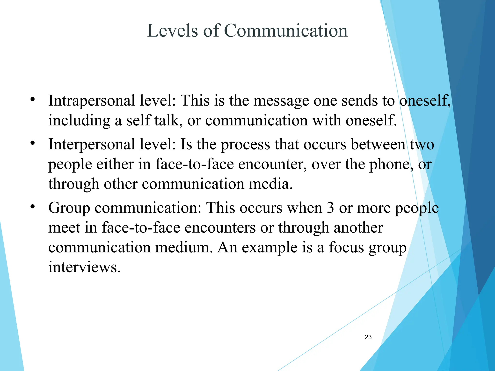 23
Levels of Communication
• Intrapersonal level: This is the message one sends to oneself,
including a self talk, or communication with oneself.
• Interpersonal level: Is the process that occurs between two
people either in face-to-face encounter, over the phone, or
through other communication media.
• Group communication: This occurs when 3 or more people
meet in face-to-face encounters or through another
communication medium. An example is a focus group
interviews.
 