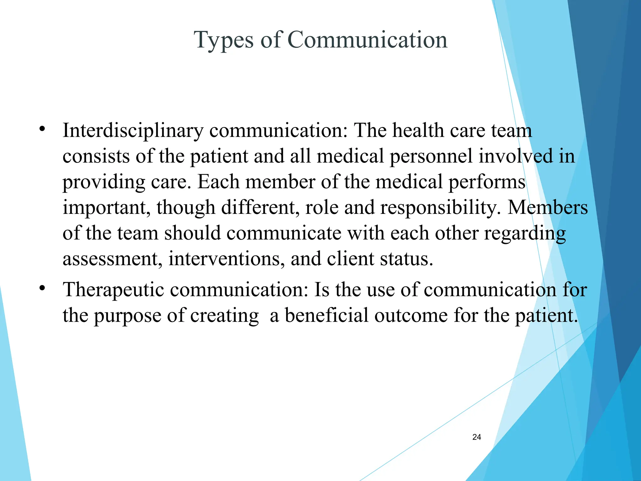 24
Types of Communication
• Interdisciplinary communication: The health care team
consists of the patient and all medical personnel involved in
providing care. Each member of the medical performs
important, though different, role and responsibility. Members
of the team should communicate with each other regarding
assessment, interventions, and client status.
• Therapeutic communication: Is the use of communication for
the purpose of creating a beneficial outcome for the patient.
 