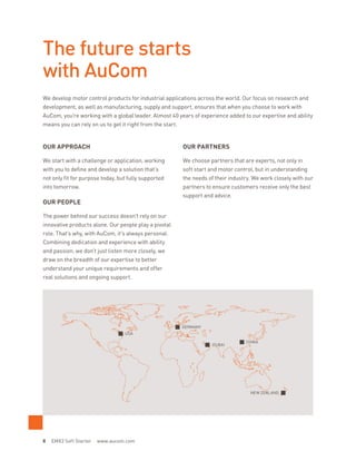 The future starts
with AuCom
We develop motor control products for industrial applications across the world. Our focus on research and
development, as well as manufacturing, supply and support, ensures that when you choose to work with
AuCom, you’re working with a global leader. Almost 40 years of experience added to our expertise and ability
means you can rely on us to get it right from the start.
OUR APPROACH
We start with a challenge or application, working
with you to define and develop a solution that’s
not only fit for purpose today, but fully supported
into tomorrow.
OUR PEOPLE
The power behind our success doesn’t rely on our
innovative products alone. Our people play a pivotal
role. That’s why, with AuCom, it’s always personal.
Combining dedication and experience with ability
and passion, we don’t just listen more closely, we
draw on the breadth of our expertise to better
understand your unique requirements and offer
real solutions and ongoing support.
OUR PARTNERS
We choose partners that are experts, not only in
soft start and motor control, but in understanding
the needs of their industry. We work closely with our
partners to ensure customers receive only the best
support and advice.
USA
GERMANY
DUBAI
CHINA
NEW ZEALAND
8 EMX3 Soft Starter www.aucom.com
 