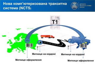 T1
Нова комп’ютеризована транзитна
система (NCTS)
Митниця оформлення
Митниця на кордоні Митниця на кордоні
Митниця оформлення
 