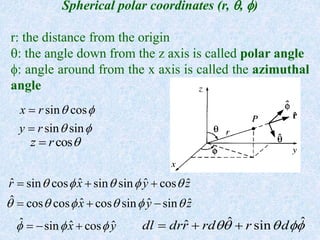 Spherical polar coordinates (r, , )
r: the distance from the origin
: the angle down from the z axis is called polar an...