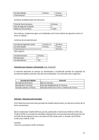 21
Jornada Sábado 4 Horas 4 Horas
Total Semanal 44 Horas
b) Cálculo da Média diária (em decimais)
Total de Horas Semanais 44 horas
Dias de Segunda à Sábado 6
Média de Horas Diárias 7,3333
Para reforçar, Imaginamos agora um trabalhador com 6 horas diárias de segunda à sexta e 4
horas no sábado:
a) Cálculo da Jornada Semanal
Jornada de Segunda à Sexta 6 horas x 5 30 Horas
Jornada Sábado 4 Horas 4 Horas
Total Semanal  34 Horas
Que é igual a:
Jornada Semanal 34 horas
Multiplicador 5
Jornada Mensal 170
Intervalos para repouso e alimentação (art. 71 da CLT)
O intervalo destinado ao repouso ou alimentação é considerado período de suspensão da
jornada de trabalho, portanto, não são nela computados. Tais intervalos são os seguintes:
Jornada de trabalho Intervalo
Jornada de até 4 horas Não há intervalo
Jornada de 4 a 6 horas Intervalo obrigatório de 15 minutos
Jornada superior a 6 horas Intervalo mínimo de 1 hora e máximo de 2 horas
Intervalo – Descanso entre Jornadas:
A CLT determina que entre duas jornadas de trabalho deverá haver um descanso mínimo de 11
horas consecutivas.
1) Um colaborador trabalha 08 horas por dia, perfazendo o horário das 10:00 às 13:00 e das
15:00 às 20:00. Sua jornada foi estendida e devidamente remunerada extraordinariamente até
às 22:00. No dia seguinte iniciou a jornada às 07:00, sendo assim, a jornada das 07:00 às
11:00 e das 13:00 às 17:00.
Exemplo:
-Encerrou a jornada às 22:00. Contamos:
 