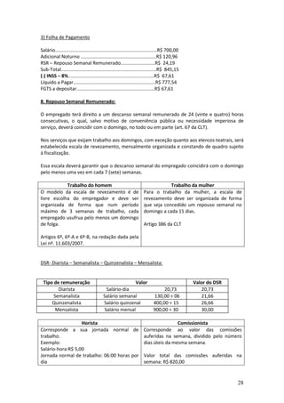 28
3) Folha de Pagamento
Salário.............................................................................R$ 700,00
Adicional Noturno .........................................................R$ 120,96
RSR – Repouso Semanal Remunerado..........................R$ 24,19
Sub-Total........................................................................R$ 845,15
(-) INSS – 8%.................................................................R$ 67,61
Líquido a Pagar..............................................................R$ 777,54
FGTS a depositar...........................................................R$ 67,61
8. Repouso Semanal Remunerado:
O empregado terá direito a um descanso semanal remunerado de 24 (vinte e quatro) horas
consecutivas, o qual, salvo motivo de conveniência pública ou necessidade imperiosa de
serviço, deverá coincidir com o domingo, no todo ou em parte (art. 67 da CLT).
Nos serviços que exijam trabalho aos domingos, com exceção quanto aos elencos teatrais, será
estabelecida escala de revezamento, mensalmente organizada e constando de quadro sujeito
à fiscalização.
Essa escala deverá garantir que o descanso semanal do empregado coincidirá com o domingo
pelo menos uma vez em cada 7 (sete) semanas.
Trabalho do homem Trabalho da mulher
O modelo da escala de revezamento é de
livre escolha do empregador e deve ser
organizada de forma que num período
máximo de 3 semanas de trabalho, cada
empregado usufrua pelo menos um domingo
de folga.
Artigos 6º, 6º-A e 6º-B, na redação dada pela
Lei nº. 11.603/2007.
Para o trabalho da mulher, a escala de
revezamento deve ser organizada de forma
que seja concedido um repouso semanal no
domingo a cada 15 dias.
Artigo 386 da CLT
DSR- Diarista – Semanalista – Quinzenalista – Mensalista:
Tipo de remuneração Valor Valor do DSR
Diarista Salário-dia 20,73 20,73
Semanalista Salário semanal 130,00 ÷ 06 21,66
Quinzenalista Salário quinzenal 400,00 ÷ 15 26,66
Mensalista Salário mensal 900,00 ÷ 30 30,00
Horista Comissionista
Corresponde a sua jornada normal de
trabalho.
Exemplo:
Salário-hora:R$ 5,00
Jornada normal de trabalho: 06:00 horas por
dia
Corresponde ao valor das comissões
auferidas na semana, dividido pelo número
dias úteis da mesma semana.
Valor total das comissões auferidas na
semana: R$ 820,00
 