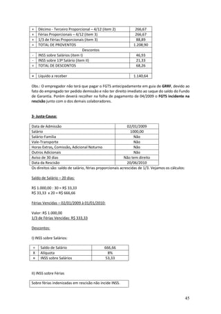 45
+ Décimo - Terceiro Proporcional – 4/12 (item 2) 266,67
+ Férias Proporcionais – 4/12 (item 3) 266,67
+ 1/3 de Férias Proporcionais (item 3) 88,89
= TOTAL DE PROVENTOS 1.208,90
Descontos
- INSS sobre Salários (item I) 46,93
- INSS sobre 13º Salário (item II) 21,33
= TOTAL DE DESCONTOS 68,26
= Líquido a receber 1.140,64
Obs.: O empregador não terá que pagar o FGTS antecipadamente em guia de GRRF, devido ao
fato do empregado ter pedido demissão e não ter direito imediato ao saque do saldo do Fundo
de Garantia. Porém deverá recolher na folha de pagamento de 04/2009 o FGTS incidente na
rescisão junto com o dos demais colaboradores.
3- Justa-Causa:
Data de Admissão 02/01/2009
Salário 1000,00
Salário-Família Não
Vale-Transporte Não
Horas Extras, Comissão, Adicional Noturno Não
Outros Adicionais Não
Aviso de 30 dias Não tem direito
Data da Rescisão 20/06/2010
Os direitos são: saldo de salário, férias proporcionais acrescidas de 1/3. Vejamos os cálculos:
Saldo de Salário – 20 dias:
R$ 1.000,00 : 30 = R$ 33,33
R$ 33,33 x 20 = R$ 666,66
Férias Vencidas – 02/01/2009 à 01/01/2010:
Valor: R$ 1.000,00
1/3 de Férias Vencidas: R$ 333,33
Descontos:
I) INSS sobre Salários:
= Saldo de Salário 666,66
X Alíquota 8%
= INSS sobre Salários 53,33
II) INSS sobre Férias
Sobre férias indenizadas em rescisão não incide INSS.
 
