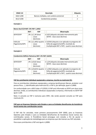 5
CNAE 2.0 Descrição Alíquota
6422-1/00 Bancos múltiplos, com carteira comercial 3
8112-5/00 Condomínios prediais 2
Exemplo 1:
Banco Azul S/A RAT: 3% FAP: 1,3452
RAT FAP Observação
SEFIP/GFIP 3% x 1,34 (duas
casas
decimais)
= 4,02 (alíquota calculada internamente pelo
SEFIP) - duas casas decimais
Folha de
Pagamento/GPS
3% x 1,3452 (quatro
casas
decimais)
= 4,0356 (alíquota a ser aplicada no programa de
folha de pagamento/GPS, resultado da
multiplicação RAT x FAP) – quatro casas decimais
Exemplo 2:
Condomínio Edifício Palmeiras RAT: 2% FAP: 0,6231
RAT FAP Observação
SEFIP/GFIP 2% x 0,62 (duas
casas
decimais)
= 1,24 (alíquota calculada internamente pelo
SEFIP) - duas casas decimais
Folha de
Pagamento/GPS
2% x 0,6231 (quatro
casas
decimais)
= 1,2462 (alíquota a ser aplicada no programa de
folha de pagamento/GPS, resultado da
multiplicação RAT x FAP ) - quatro casas decimais
FAP do contribuinte individual equiparado a empresa, inscrito na matrícula CEI:
Para os contribuintes individuais equiparados a empresa (profissionais liberais, produtor rural
pessoa física....), identificados pela matrícula CEI, o FAP é, por definição, igual a 1,0000.
Em conformidade com o ADE Codac nº 3/2010, O FAP será informado no SEFIP com duas casas
decimais. Então, os contribuintes individuais equiparados à empresa, informarão no SEFIP FAP
igual a 1,00.
Nota: A consulta ao FAP é exclusiva para CNPJ, não sendo possível consulta ao FAP para
matrícula CEI.
FAP para as Empresas Optantes pelo Simples e para as Entidades Beneficentes de Assistência
Social isentas das contribuições sociais:
O FAP não foi calculado, neste primeiro processamento (FAP 2009), para as Empresas
Optantes pelo Simples e para as Entidades Beneficentes de Assistência Social isentas das
contribuições sociais. A Previdência Social prossegue com estudos a fim de ajustar e
possibilitar a aplicação da metodologia para as empresas que não tiveram seu FAP calculado.
Para esses contribuintes o FAP será igual a 1,0000.
 