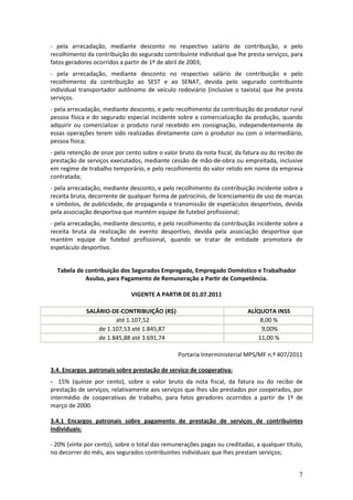 7
- pela arrecadação, mediante desconto no respectivo salário de contribuição, e pelo
recolhimento da contribuição do segurado contribuinte individual que lhe presta serviços, para
fatos geradores ocorridos a partir de 1º de abril de 2003;
- pela arrecadação, mediante desconto no respectivo salário de contribuição e pelo
recolhimento da contribuição ao SEST e ao SENAT, devida pelo segurado contribuinte
individual transportador autônomo de veículo rodoviário (inclusive o taxista) que lhe presta
serviços.
- pela arrecadação, mediante desconto, e pelo recolhimento da contribuição do produtor rural
pessoa física e do segurado especial incidente sobre a comercialização da produção, quando
adquirir ou comercializar o produto rural recebido em consignação, independentemente de
essas operações terem sido realizadas diretamente com o produtor ou com o intermediário,
pessoa física;
- pela retenção de onze por cento sobre o valor bruto da nota fiscal, da fatura ou do recibo de
prestação de serviços executados, mediante cessão de mão-de-obra ou empreitada, inclusive
em regime de trabalho temporário, e pelo recolhimento do valor retido em nome da empresa
contratada;
- pela arrecadação, mediante desconto, e pelo recolhimento da contribuição incidente sobre a
receita bruta, decorrente de qualquer forma de patrocínio, de licenciamento de uso de marcas
e símbolos, de publicidade, de propaganda e transmissão de espetáculos desportivos, devida
pela associação desportiva que mantém equipe de futebol profissional;
- pela arrecadação, mediante desconto, e pelo recolhimento da contribuição incidente sobre a
receita bruta da realização de evento desportivo, devida pela associação desportiva que
mantém equipe de futebol profissional, quando se tratar de entidade promotora de
espetáculo desportivo.
Tabela de contribuição dos Segurados Empregado, Empregado Doméstico e Trabalhador
Avulso, para Pagamento de Remuneração a Partir de Competência.
VIGENTE A PARTIR DE 01.07.2011
SALÁRIO-DE-CONTRIBUIÇÃO (R$) ALÍQUOTA INSS
até 1.107,52 8,00 %
de 1.107,53 até 1.845,87 9,00%
de 1.845,88 até 3.691,74 11,00 %
Portaria Interministerial MPS/MF n.º 407/2011
3.4. Encargos patronais sobre prestação de serviço de cooperativa:
- 15% (quinze por cento), sobre o valor bruto da nota fiscal, da fatura ou do recibo de
prestação de serviços, relativamente aos serviços que lhes são prestados por cooperados, por
intermédio de cooperativas de trabalho, para fatos geradores ocorridos a partir de 1º de
março de 2000.
3.4.1 Encargos patronais sobre pagamento de prestação de serviços de contribuintes
individuais:
- 20% (vinte por cento), sobre o total das remunerações pagas ou creditadas, a qualquer título,
no decorrer do mês, aos segurados contribuintes individuais que lhes prestam serviços;
 