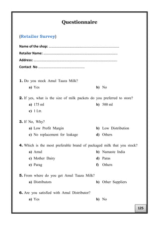 Questionnaire
(Retailor Survey)
Name of the shop: ………………………………….......................................
Retailer Name: …………………………………………………………………………..
Address: …………………………………………………………………………………….
Contact No ………………………………………………
1. Do you stock Amul Taaza Milk?
a) Yes b) No
2. If yes, what is the size of milk packets do you preferred to store?
a) 175 ml b) 500 ml
c) 1 Ltr.
3. If No, Why?
a) Low Profit Margin b) Low Distribution
c) No replacement for leakage d) Others
4. Which is the most preferable brand of packaged milk that you stock?
a) Amul b) Namaste India
c) Mother Dairy d) Paras
e) Parag f) Others
5. From where do you get Amul Taaza Milk?
a) Distributors b) Other Suppliers
6. Are you satisfied with Amul Distributor?
a) Yes b) No
125
 