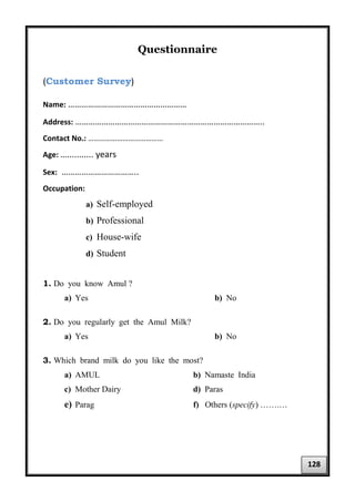 Questionnaire
(Customer Survey)
Name: ………………………………………………
Address: …………………………………………………………………………..
Contact No.: …………………………………
Age: …........... years
Sex: ……………………………..
Occupation:
a) Self-employed
b) Professional
c) House-wife
d) Student
1. Do you know Amul ?
a) Yes b) No
2. Do you regularly get the Amul Milk?
a) Yes b) No
3. Which brand milk do you like the most?
a) AMUL b) Namaste India
c) Mother Dairy d) Paras
e) Parag f) Others (specify) …….…
128
 