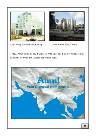 Amul Whey Powder Plant, Khatraj Amul Paneer Plant, Khatraj
Today, Amul Dairy is no. 1 dairy in Asia and no. 2 in the world, which
is matter of proud for Gujarat and whole India.
28
 