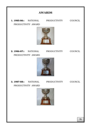 AWARDS
1. 1985-86:: NATIONAL PRODUCTIVITY COUNCIL
PRODUCTIVITY AWARD
2. 1986-87:: NATIONAL PRODUCTIVITY COUNCIL
PRODUCTIVITY AWARD
3. 1987-88:: NATIONAL PRODUCTIVITY COUNCIL
PRODUCTIVITY AWARD
71
 