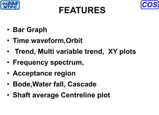 FEATURES
• Bar Graph
• Time waveform,Orbit
• Trend, Multi variable trend, XY plots
• Frequency spectrum,
• Acceptance region
• Bode,Water fall, Cascade
• Shaft average Centreline plot
 
