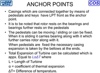 ANCHOR POINTS
• Casings which are connected together by means of
pedestals and keys have LPT front as the anchor
point.
• It is to be noted that rotor rests on the bearings and
bearings further rests on the pedestals
• The pedestals can be moving / sliding or can be fixed.
When it is sliding it carries bearing along with it which
further carries rotor along with it.
When pedestals are fixed the necessary casing
expansion is taken by the bellows at the ends.
• Total Expansion of Turbine can be calculated which is
appx. Equal to LαΔT where
L = Length of Turbine
α = coefficient of thermal expansion
ΔT= Difference of temperature.
 