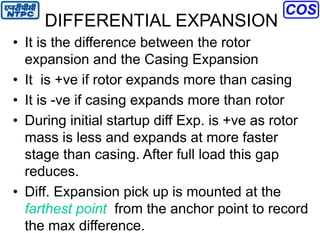 DIFFERENTIAL EXPANSION
• It is the difference between the rotor
expansion and the Casing Expansion
• It is +ve if rotor expands more than casing
• It is -ve if casing expands more than rotor
• During initial startup diff Exp. is +ve as rotor
mass is less and expands at more faster
stage than casing. After full load this gap
reduces.
• Diff. Expansion pick up is mounted at the
farthest point from the anchor point to record
the max difference.
 