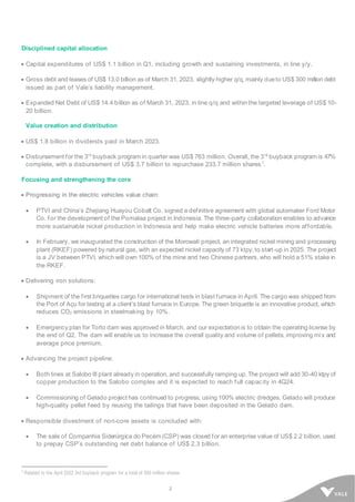 2
Disciplined capital allocation
• Capital expenditures of US$ 1.1 billion in Q1, including growth and sustaining investments, in line y/y.
• Gross debt and leases of US$ 13.0 billion as of March 31, 2023, slightly higher q/q, mainly dueto US$ 300 million debt
issued as part of Vale’s liability management.
• Expanded Net Debt of US$ 14.4 billion as of March 31, 2023, in line q/q and withinthe targeted leverage of US$ 10-
20 billion.
Value creation and distribution
• US$ 1.8 billion in dividends paid in March 2023.
• Disbursement for the 3rd
buyback program in quarter was US$ 763 million. Overall, the 3rd
buyback program is 47%
complete, with a disbursement of US$ 3.7 billion to repurchase 233.7 million shares1
.
Focusing and strengthening the core
• Progressing in the electric vehicles value chain:
• PTVI and China’s Zhejiang Huayou Cobalt Co. signed a definitive agreement with global automaker Ford Motor
Co. for the development of the Pomalaa project in Indonesia. The three-party collaboration enables to advance
more sustainable nickel production in Indonesia and help make electric vehicle batteries more affordable.
• In February, we inaugurated the construction of the Morowali project, an integrated nickel mining and processing
plant (RKEF) powered by natural gas, with an expected nickel capacity of 73 ktpy, to start-up in 2025. The project
is a JV between PTVI, which will own 100% of the mine and two Chinese partners, who will hold a 51% stake in
the RKEF.
• Delivering iron solutions:
• Shipment of the first briquettes cargo for international tests in blast furnace in April. The cargo was shipped from
the Port of Açu for testing at a client’s blast furnace in Europe. The green briquette is an innovative product, which
reduces CO2 emissions in steelmaking by 10%.
• Emergency plan for Torto dam was approved in March, and our expectationis to obtain the operating license by
the end of Q2. The dam will enable us to increase the overall quality and volume of pellets, improving mix and
average price premium.
• Advancing the project pipeline:
• Both lines at Salobo III plant already in operation, and successfully ramping up. The project will add 30-40 ktpy of
copper production to the Salobo complex and it is expected to reach full capac ity in 4Q24.
• Commissioning of Gelado project has continued to progress, using 100% electric dredges. Gelado will produce
high-quality pellet feed by reusing the tailings that have been deposited in the Gelado dam.
• Responsible divestment of non-core assets is concluded with:
• The sale of Companhia Siderúrgica do Pecém (CSP) was closed for an enterprise value of US$ 2.2 billion, used
to prepay CSP’s outstanding net debt balance of US$ 2.3 billion.
1
Related to the April 2022 3rd buyback program for a total of 500 million shares.
 