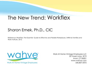 © 2013 Work At Home Vintage Employees LLC
The New Trend: Workflex
Sharon Emek, Ph.D., CIC
Reference: WorkFlex: The Essential Guide to Effective and Flexible Workplaces, SHRM & Families and
Work Institute, 2012
Work At Home Vintage Employees LLC
20 Tower Lane, 3rf Fl
Avon, CT 06001
www.wahve.com
646.807.4372
 