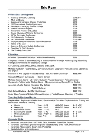 Eric Ryan
Confidential Resume Page 2 of 6
Professional Development
 Curiosity & Powerful Learning 2013-2014
 Merit and Equity 2012
 Leading and Managing Change Workshops 2010
 VCE International Studies Conference 2009
 Leading and Managing Staff Workshops 2009
 Autism Transition Program 2009
 Restorative Practice and Justice 2009
 Social Education of Victoria Conference 2008
 GTAV Geography Conference 2005-2008
 VCE Geography Conference 2005-2008
 VELS Innovation Conference 2005-2008
 Workplace Discrimination and Sexual Harassment 2004
 Habits of the Mind 2004
 Learning Styles and Multiple Intelligences 2004
 Teaching “At Risk” Students 2003
 The Thinking Curriculum 2001
Education
Graduate Diploma in Education - Melbourne University 2001
Completed 3 rounds of student teaching at Melbourne Girls’ College, Footscray City Secondary
College and Wheelers Hill Secondary College
Key Learning Areas: SOSE, SOSE Additional and English.
Methods: Australian + World History, 20th
Century History, Geography, Political Science, Economics
and English.
Bachelor of Arts Degree in Social Science - San Jose State University 1998-2000
Graduated Magnum Cum Laude Dean’s Scholar
Methods: Ancient, World + US History, Cultural + Physical Geography, Political Science +
Comparative Politics, Media Studies, Macro + Microeconomics and Gender/Ethnic Studies.
Associate of Arts Degree - San Jose City College 1993-1998
Foothill College 1992-1993
High School Diploma - Del Mar High School 1988-1992
Senior Class President/All-State Offensive Lineman in Football/League Champion in Wrestling
Teaching Subjects and Levels
Registration - Registered Schools Board, Department of Education, Employment and Training and
the Victorian Institute of Teaching
 History Years 5 - 12 AUSVELS Levels 4 – 6, VCE
 Geography Years 5 - 12 AUSVELS Levels 4 – 6, VCE
 International Studies Years 11 - 12 VCE
 Economy and Society Years 5 - 12 AUSVELS Levels 4 – 6, VCE
 Physical Education Years PREP – 6 AUSVELS Levels 1 – 4
 Economics Years 7-10 AUSVELS Levels 5 – 6
Computer Skills
 Advanced Microsoft Office skills: Word, Excel, Publisher, PowerPoint, Explorer
 Advanced Macromedia graphic design and website building skills: Flash, Dreamweaver
 Advanced Adobe graphic design skills: Photoshop
 Website building and maintenance
 