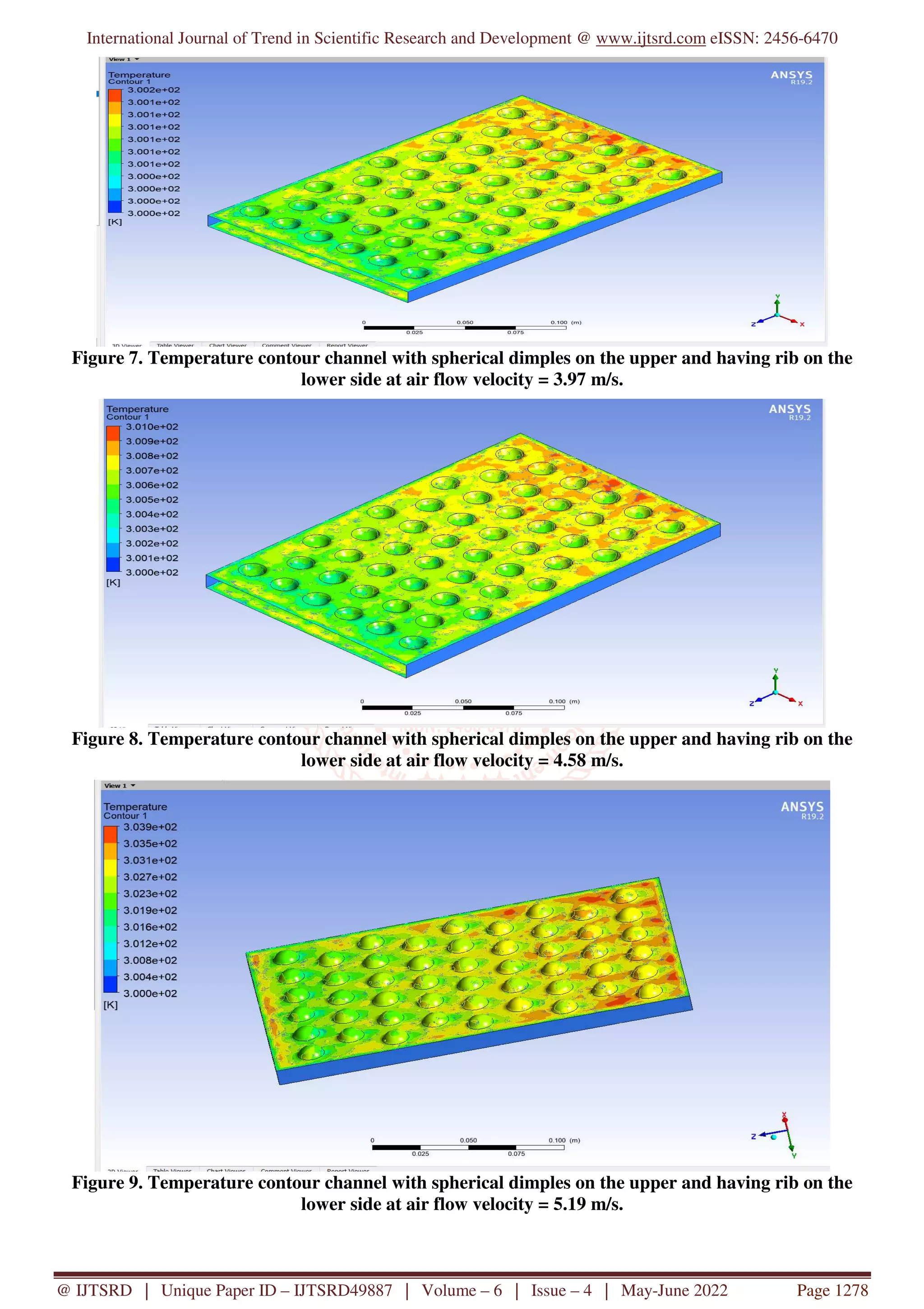 International Journal of Trend in Scientific Research and Development @ www.ijtsrd.com eISSN: 2456-6470
@ IJTSRD | Unique Paper ID – IJTSRD49887 | Volume – 6 | Issue – 4 | May-June 2022 Page 1278
Figure 7. Temperature contour channel with spherical dimples on the upper and having rib on the
lower side at air flow velocity = 3.97 m/s.
Figure 8. Temperature contour channel with spherical dimples on the upper and having rib on the
lower side at air flow velocity = 4.58 m/s.
Figure 9. Temperature contour channel with spherical dimples on the upper and having rib on the
lower side at air flow velocity = 5.19 m/s.
 