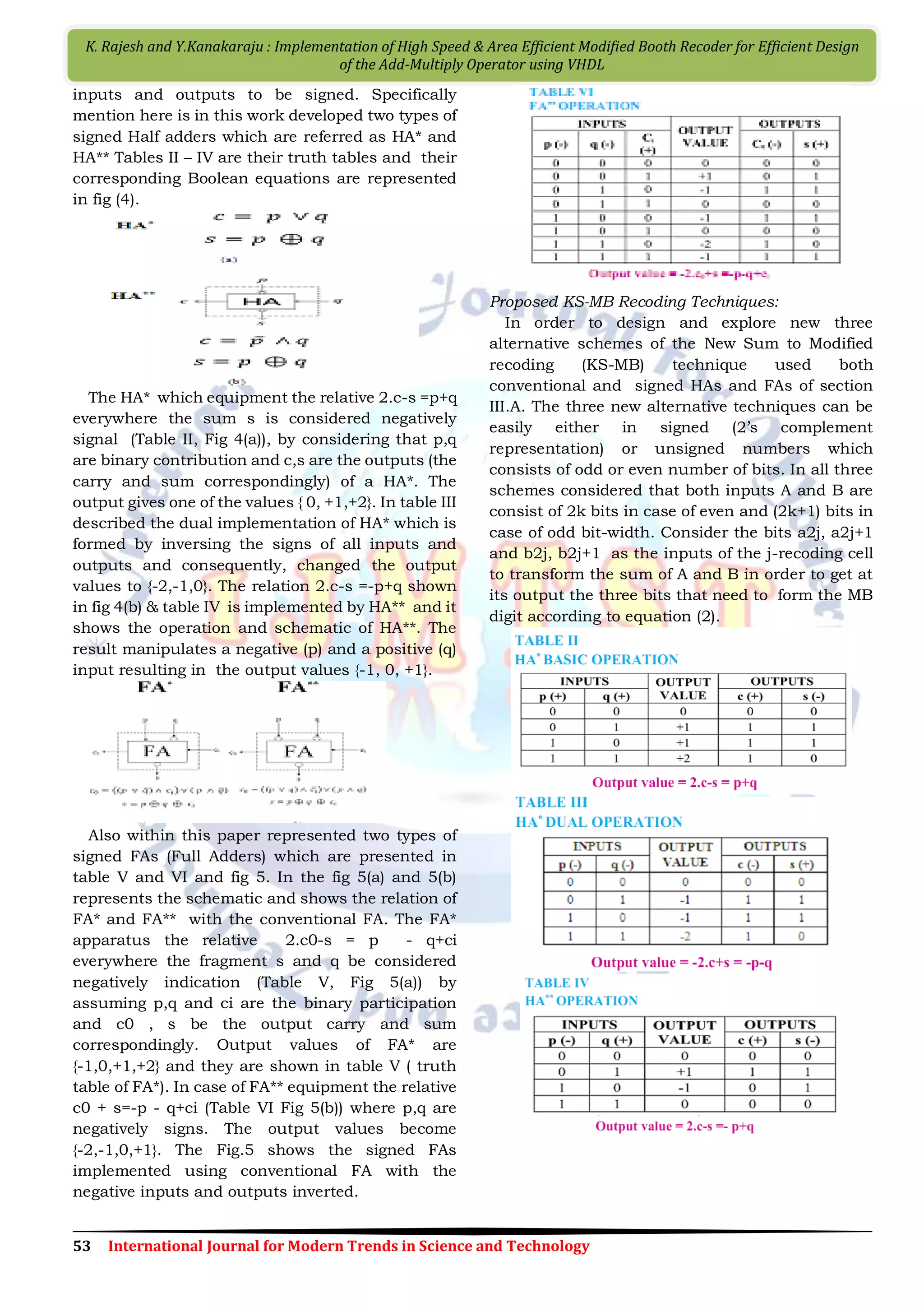 53 International Journal for Modern Trends in Science and Technology K. Rajesh and Y.Kanakaraju : Implementation of High Speed & Area Efficient Modiﬁed Booth Recoder for Efficient Design of the Add-Multiply Operator using VHDL inputs and outputs to be signed. Specifically mention here is in this work developed two types of signed Half adders which are referred as HA* and HA** Tables II – IV are their truth tables and their corresponding Boolean equations are represented in fig (4). The HA* which equipment the relative 2.c-s =p+q everywhere the sum s is considered negatively signal (Table II, Fig 4(a)), by considering that p,q are binary contribution and c,s are the outputs (the carry and sum correspondingly) of a HA*. The output gives one of the values { 0, +1,+2}. In table III described the dual implementation of HA* which is formed by inversing the signs of all inputs and outputs and consequently, changed the output values to {-2,-1,0}. The relation 2.c-s =-p+q shown in fig 4(b) & table IV is implemented by HA** and it shows the operation and schematic of HA**. The result manipulates a negative (p) and a positive (q) input resulting in the output values {-1, 0, +1}. Also within this paper represented two types of signed FAs (Full Adders) which are presented in table V and VI and fig 5. In the fig 5(a) and 5(b) represents the schematic and shows the relation of FA* and FA** with the conventional FA. The FA* apparatus the relative 2.c0-s = p - q+ci everywhere the fragment s and q be considered negatively indication (Table V, Fig 5(a)) by assuming p,q and ci are the binary participation and c0 , s be the output carry and sum correspondingly. Output values of FA* are {-1,0,+1,+2} and they are shown in table V ( truth table of FA*). In case of FA** equipment the relative c0 + s=-p - q+ci (Table VI Fig 5(b)) where p,q are negatively signs. The output values become {-2,-1,0,+1}. The Fig.5 shows the signed FAs implemented using conventional FA with the negative inputs and outputs inverted. Proposed KS-MB Recoding Techniques: In order to design and explore new three alternative schemes of the New Sum to Modified recoding (KS-MB) technique used both conventional and signed HAs and FAs of section III.A. The three new alternative techniques can be easily either in signed (2’s complement representation) or unsigned numbers which consists of odd or even number of bits. In all three schemes considered that both inputs A and B are consist of 2k bits in case of even and (2k+1) bits in case of odd bit-width. Consider the bits a2j, a2j+1 and b2j, b2j+1 as the inputs of the j-recoding cell to transform the sum of A and B in order to get at its output the three bits that need to form the MB digit according to equation (2). 