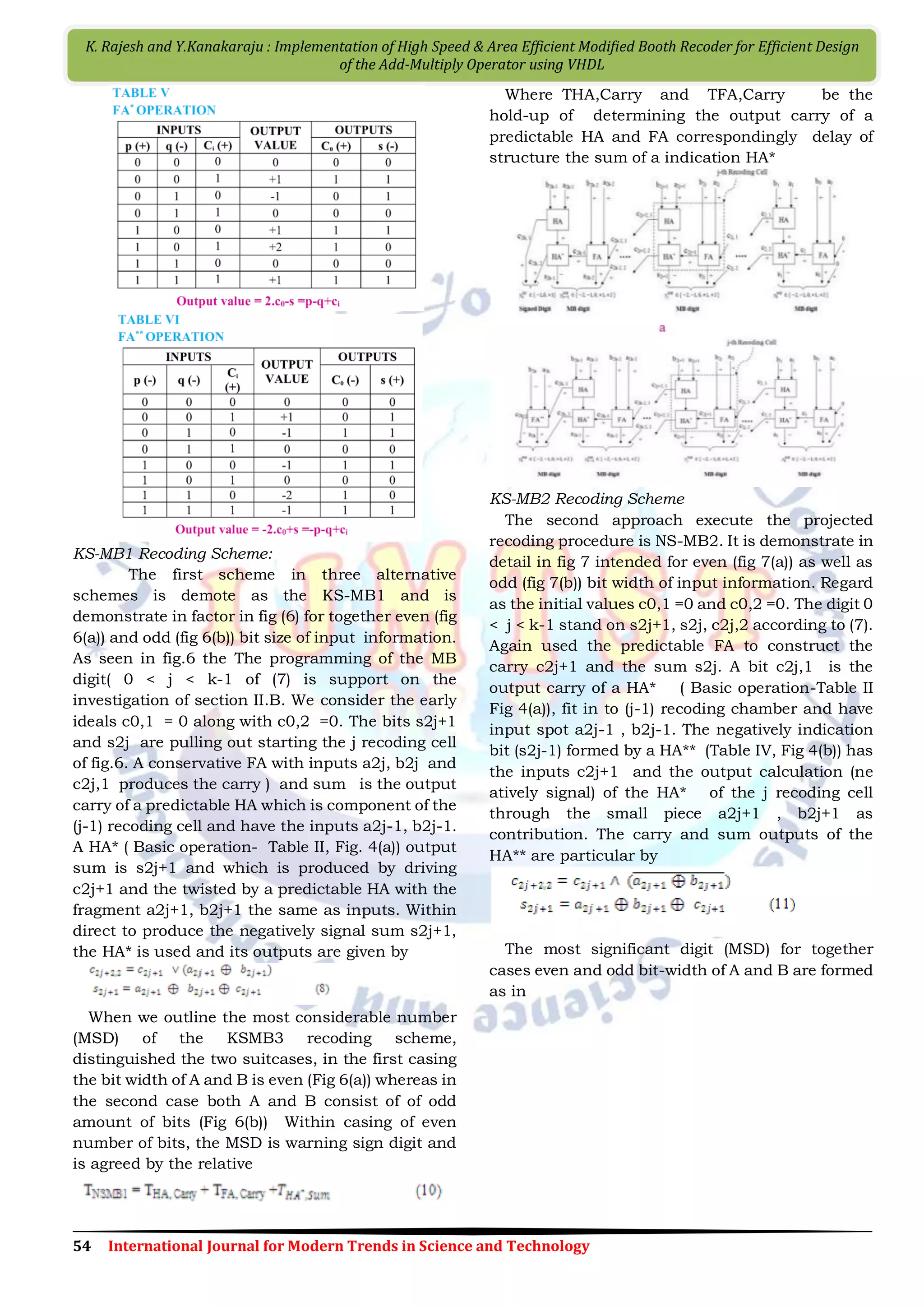 54 International Journal for Modern Trends in Science and Technology K. Rajesh and Y.Kanakaraju : Implementation of High Speed & Area Efficient Modiﬁed Booth Recoder for Efficient Design of the Add-Multiply Operator using VHDL KS-MB1 Recoding Scheme: The first scheme in three alternative schemes is demote as the KS-MB1 and is demonstrate in factor in fig (6) for together even (fig 6(a)) and odd (fig 6(b)) bit size of input information. As seen in fig.6 the The programming of the MB digit( 0 < j < k-1 of (7) is support on the investigation of section II.B. We consider the early ideals c0,1 = 0 along with c0,2 =0. The bits s2j+1 and s2j are pulling out starting the j recoding cell of fig.6. A conservative FA with inputs a2j, b2j and c2j,1 produces the carry ) and sum is the output carry of a predictable HA which is component of the (j-1) recoding cell and have the inputs a2j-1, b2j-1. A HA* ( Basic operation- Table II, Fig. 4(a)) output sum is s2j+1 and which is produced by driving c2j+1 and the twisted by a predictable HA with the fragment a2j+1, b2j+1 the same as inputs. Within direct to produce the negatively signal sum s2j+1, the HA* is used and its outputs are given by When we outline the most considerable number (MSD) of the KSMB3 recoding scheme, distinguished the two suitcases, in the first casing the bit width of A and B is even (Fig 6(a)) whereas in the second case both A and B consist of of odd amount of bits (Fig 6(b)) Within casing of even number of bits, the MSD is warning sign digit and is agreed by the relative Where THA,Carry and TFA,Carry be the hold-up of determining the output carry of a predictable HA and FA correspondingly delay of structure the sum of a indication HA* KS-MB2 Recoding Scheme The second approach execute the projected recoding procedure is NS-MB2. It is demonstrate in detail in fig 7 intended for even (fig 7(a)) as well as odd (fig 7(b)) bit width of input information. Regard as the initial values c0,1 =0 and c0,2 =0. The digit 0 < j < k-1 stand on s2j+1, s2j, c2j,2 according to (7). Again used the predictable FA to construct the carry c2j+1 and the sum s2j. A bit c2j,1 is the output carry of a HA* ( Basic operation-Table II Fig 4(a)), fit in to (j-1) recoding chamber and have input spot a2j-1 , b2j-1. The negatively indication bit (s2j-1) formed by a HA** (Table IV, Fig 4(b)) has the inputs c2j+1 and the output calculation (ne atively signal) of the HA* of the j recoding cell through the small piece a2j+1 , b2j+1 as contribution. The carry and sum outputs of the HA** are particular by The most significant digit (MSD) for together cases even and odd bit-width of A and B are formed as in 