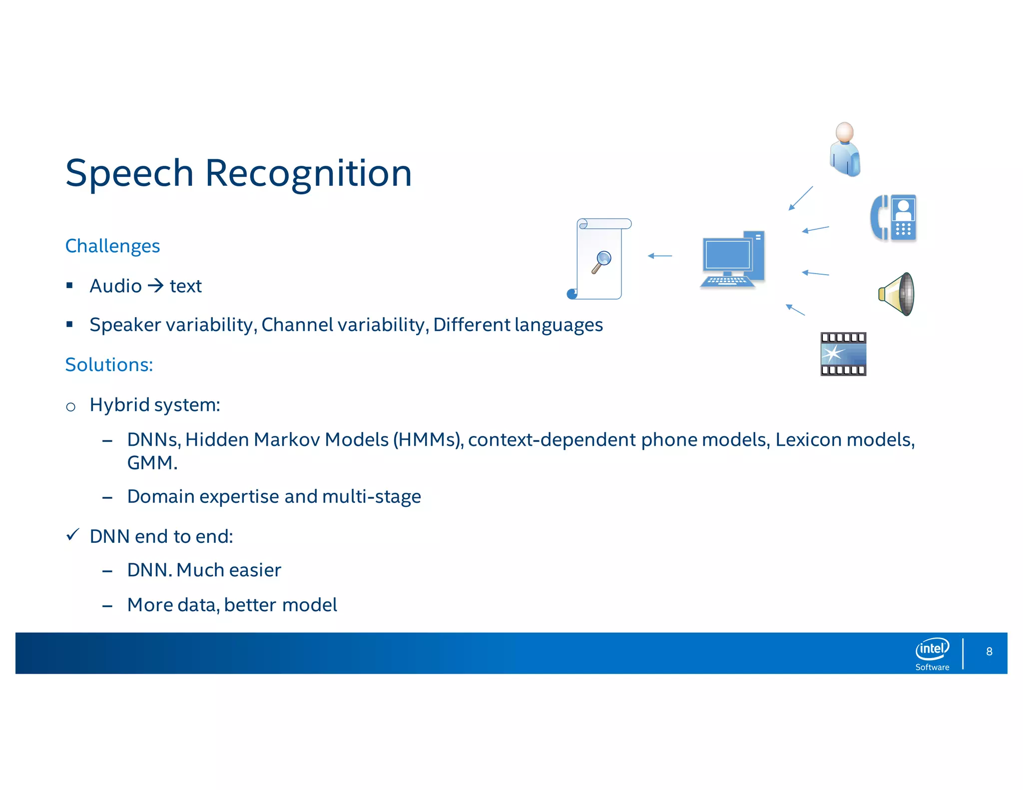 8 Speech Recognition Challenges § Audio à text § Speaker variability, Channel variability, Different languages Solutions: o Hybrid system: – DNNs, Hidden Markov Models (HMMs), context-dependent phone models, Lexicon models, GMM. – Domain expertise and multi-stage ü DNN end to end: – DNN. Much easier – More data, better model 