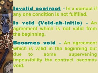 Invalid contract - In a contact if
any one condition is not fulfilled.
Is void (Void-ab-initio) - An
agreement which is not valid from
the beginning.
Becomes void - An agreement
which is valid in the beginning but
due to some supervening
impossibility the contract becomes
void.
 