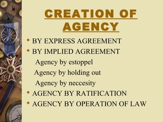 CREATION OF
AGENCY
 BY EXPRESS AGREEMENT
 BY IMPLIED AGREEMENT
Agency by estoppel
Agency by holding out
Agency by neccesity
 AGENCY BY RATIFICATION
 AGENCY BY OPERATION OF LAW
 