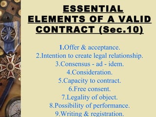 ESSENTIAL
ELEMENTS OF A VALID
CONTRACT (Sec.10)
1.Offer & acceptance.
2.Intention to create legal relationship.
3.Consensus - ad - idem.
4.Consideration.
5.Capacity to contract.
6.Free consent.
7.Legality of object.
8.Possibility of performance.
9.Writing & registration.
 