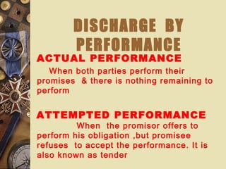 DISCHARGE BY
PERFORMANCE
ACTUAL PERFORMANCE
When both parties perform their
promises & there is nothing remaining to
perform
ATTEMPTED PERFORMANCE
When the promisor offers to
perform his obligation ,but promisee
refuses to accept the performance. It is
also known as tender
 