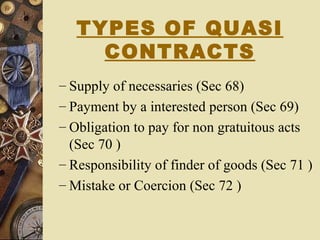 TYPES OF QUASI
CONTRACTS
– Supply of necessaries (Sec 68)
– Payment by a interested person (Sec 69)
– Obligation to pay for non gratuitous acts
(Sec 70 )
– Responsibility of finder of goods (Sec 71 )
– Mistake or Coercion (Sec 72 )
 