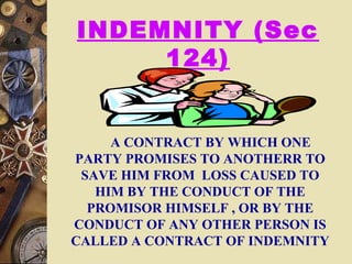 INDEMNITY (Sec
124)
A CONTRACT BY WHICH ONE
PARTY PROMISES TO ANOTHERR TO
SAVE HIM FROM LOSS CAUSED TO
HIM BY THE CONDUCT OF THE
PROMISOR HIMSELF , OR BY THE
CONDUCT OF ANY OTHER PERSON IS
CALLED A CONTRACT OF INDEMNITY
 