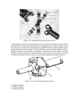 Figura 13.3: componentes de una junta tipo cruceta
- Juntas elásticas, este tipo de unión permite el libre movimiento del puente trasero sin dejar
de transmitir la rotación proveniente del motor, cualquiera sea el ángulo formado por sus
ejes. Esta junta de unión esta construida por un anillo flexible de caucho acoplado entre 2
mangas como lo muestra la figura 13.4. Generalmente, este tipo de junta elástica recibe el
nombre de flector y su ubicación se dispone a la salida de la caja de cambios. El disco
flexible se coloca solidario con una de las mangas, de las cuales una se monta con estrías en
la salida de la caja de cambios y el otro se une al cardan fijándose por medio de pernos.
Figura 13.4: construcción de una junta elástica
1: Manga conductora
2: Anillo de caucho
3: Manga conducida
 