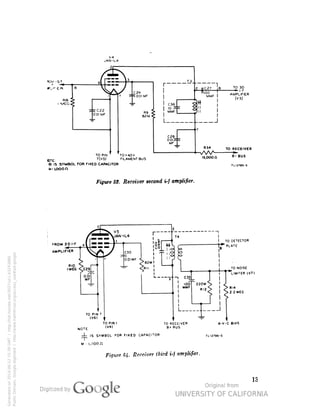 "DM IST «J fill i^-l 
r 
Tl 
E I/C27 "JB TO 3D 
-F -• • 
X A' 
XS 
£VX 
C24 
i 
I*' "" 
l<IOO' A p C C 
^00I MF 
1 
RS > 
1 C36 
c 
I0 - 
3 I 
— r 3 p 
R9 > j MMh 
c 
00I MF 
82 U < 1 
L 
, 1 
I 
C26_ 
MF_^ 
r~ 
R54 TO RECEIV 
TO PIN 
OTF 7<V« 
TO + 4.5 
FILAME 
V 
NT BUS 
I5,000 n B' Bus 
IS SYMBOL TOR FIXED CAPACITOR 
M--i.ooon 
Figure 53. Receiver second »-/ amplifier. 
I TO DETECTOR 
I*" PLATE 
TO NOISE 
LIMITER (V7) 
TO PIN 7 
(V6> 
IS SYMBOL FOR FIXED CAPACITOR 
TO RECEIVER 
Bt BUS 
A-V-C BI«S 
M I,000/1 
iffurfi 64. Receiver third i-j amplifier. 
13 
Generated on 2014-06-12 15:39 GMT / http://hdl.handle.net/2027/uc1.b3243866 
Public Domain, Google-digitized / http://www.hathitrust.org/access_use#pd-google 
 