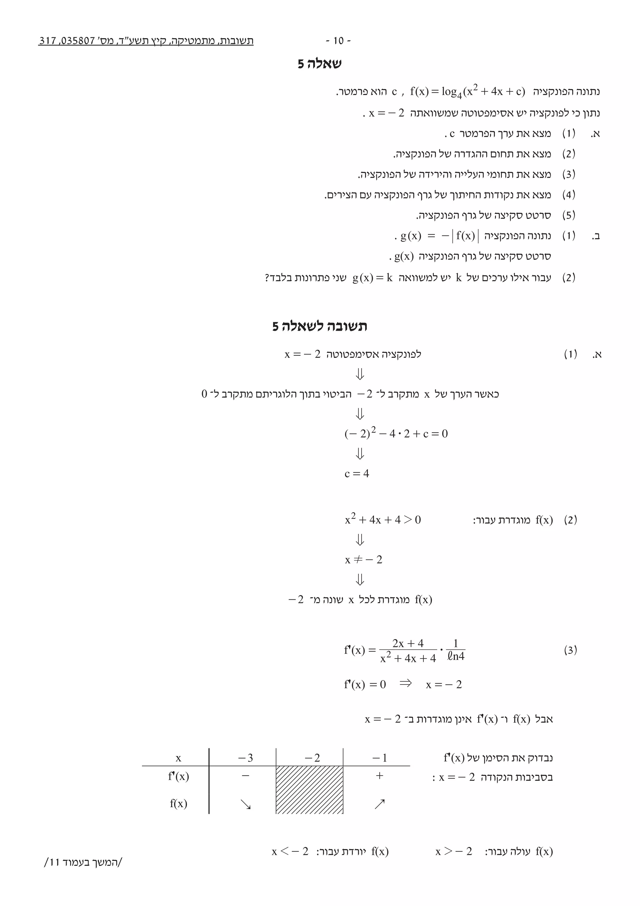 - 10 -317 ,035807 '‫מס‬ ,‫תשע"ד‬ ‫קיץ‬ ,‫מתמטיקה‬ ,‫תשובות‬
5 ‫שאלה‬
!‫בהצלחה‬
‫ישראל‬ ‫למדינת‬ ‫שמורה‬ ‫היוצרים‬ ‫זכות‬
‫החינוך‬ ‫משרד‬ ‫ברשות‬ ‫אלא‬ ‫לפרסם‬ ‫או‬ ‫להעתיק‬ ‫אין‬
.‫פרמטר‬ ‫הוא‬ a , ( ) ( )f x x a e . x x0 5 2
= - - :‫גם‬ ‫נתון‬ .‫ג‬
‫המוגבל‬ ‫השטח‬ ‫את‬ ‫וחשב‬ , f'(x) ‫של‬ ‫בגרף‬ ‫בנתונים‬ ‫היעזר‬
.‫הצירים‬ ‫ידי‬ ‫ועל‬ f(x) ‫הפונקציה‬ ‫גרף‬ ‫ידי‬ ‫על‬
.‫פרמטר‬ ‫הוא‬ c , ( ) ( )logf x x x c44
2= + + ‫הפונקציה‬ ‫נתונה‬ .5
. x 2=- ‫שמשוואתה‬ ‫אסימפטוטה‬ ‫יש‬ ‫לפונקציה‬ ‫כי‬ ‫נתון‬
. c ‫הפרמטר‬ ‫ערך‬ ‫את‬ ‫מצא‬ )1( .‫א‬
.‫הפונקציה‬ ‫של‬ ‫ההגדרה‬ ‫תחום‬ ‫את‬ ‫מצא‬ )2(
.‫הפונקציה‬ ‫של‬ ‫והירידה‬ ‫העלייה‬ ‫תחומי‬ ‫את‬ ‫מצא‬ )3(
.‫הצירים‬ ‫עם‬ ‫הפונקציה‬ ‫גרף‬ ‫של‬ ‫החיתוך‬ ‫נקודות‬ ‫את‬ ‫מצא‬ )4(
.‫הפונקציה‬ ‫גרף‬ ‫של‬ ‫סקיצה‬ ‫סרטט‬ )5(
. ( ) ( )g x f x= - ‫הפונקציה‬ ‫נתונה‬ )1( .‫ב‬
. g(x) ‫הפונקציה‬ ‫גרף‬ ‫של‬ ‫סקיצה‬ ‫סרטט‬
?‫בלבד‬ ‫פתרונות‬ ‫שני‬ ( )g x k= ‫למשוואה‬ ‫יש‬ k ‫של‬ ‫ערכים‬ ‫אילו‬ ‫עבור‬ )2(
x
1
5 ‫לשאלה‬ ‫תשובה‬
x 2=- ‫אסימפטוטה‬ ‫לפונקציה‬ )1( .‫א‬
0
0 ‫ל־‬ ‫מתקרב‬ ‫הלוגריתם‬ ‫בתוך‬ ‫הביטוי‬ 2- ‫ל־‬ ‫מתקרב‬ x ‫של‬ ‫הערך‬ ‫כאשר‬
0
( ) c2 4 2 02 $- - + =
0
c 4=
x x4 4 02 2+ + :‫עבור‬ ‫מוגדרת‬ f(x) )2(
0
x 2!-
0
2- ‫מ־‬ ‫שונה‬ x ‫לכל‬ ‫מוגדרת‬ f(x)
f'(x)
x x
x
n4 4
2 4
4
1
2 $
,
=
+ +
+
)3(
f'(x) 0 2x&= =-
x 2=- ‫ב־‬ ‫מוגדרות‬ ‫אינן‬ f'(x) ‫ו־‬ f(x) ‫אבל‬
f'(x) ‫של‬ ‫הסימן‬ ‫את‬ ‫נבדוק‬
: x 2=- ‫הנקודה‬ ‫בסביבות‬
1-2-3-x
+-f'(x)
34f(x)
x 21- :‫עבור‬ ‫יורדת‬ f(x) x 22- :‫עבור‬ ‫עולה‬ f(x)
/11 ‫בעמוד‬ ‫/המשך‬
 