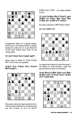 Complemento lógico de la jugada anterior.
Resulta que si las blancas retiran el caballo,
entonces la captura en c2 sí que funciona:
1 9.ltJf3 :!!xc2 20..id3 :!!cc8 2 l .b4 e4 con
ventaja negra.
19...�xti 20.b4 �e4! 21..id2! Ag5?!
Parece mejor la simple 2 I...ltJxd2 22.:1!xd2
V!ffa7 23.bxa5 bxa5 con igualdad.
22•.iel! �c3 23..ixc3 �hc3 24.bxa5
Yfc8 25..id3?!
Muy pasiva, ahora las negras tomarán la ini­
ciativa. Quizá las blancas no se percataron de
que tras 25.axb6 no sirve 25 . . .:1!xc2? !
26.'M>3 :!!xe2 27.V!fff3+ y las negras pierden
la torre.
25...bxa5 26.:E1abl gb4 27,gxb4?! axb4
28.tfbl a5 29,gel Vg4 30.h3 Vd4
31.Vdl �e7 32.Vf3 b3!? 33,gbl?
Era mejor intercalar 33.V!fff5 ! V!ffxd5 34.:1!b l .
33...e4! 34,gel! e3!
Las negras han tomado el control del juego y
las blancas se verán forzadas a jugar con
gran precisión su parte en la defensa.
35.h4! Vxh4 36.Vf5! �d8 37.g3! Vb4!
38•.ib5! exfl+ 39.�xf2! gxc2+ 40.�f1
�c7! 4l,ges �b6
JOYAS DEL AJEDREZ MODERNO • 155
 